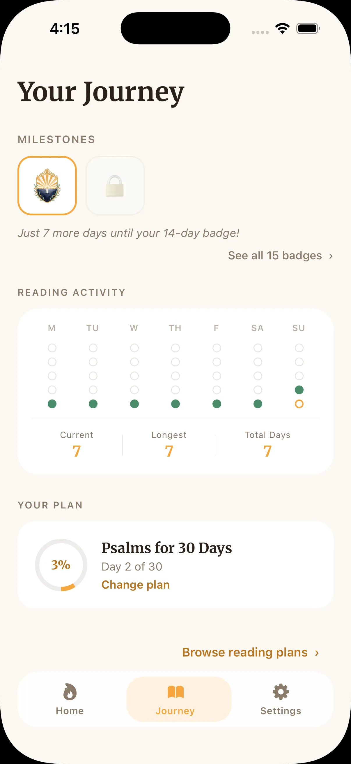 Journey and milestones screen