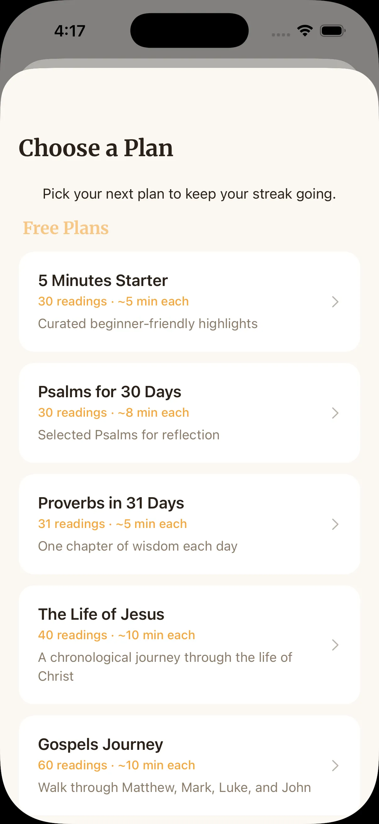 Reading plans screen