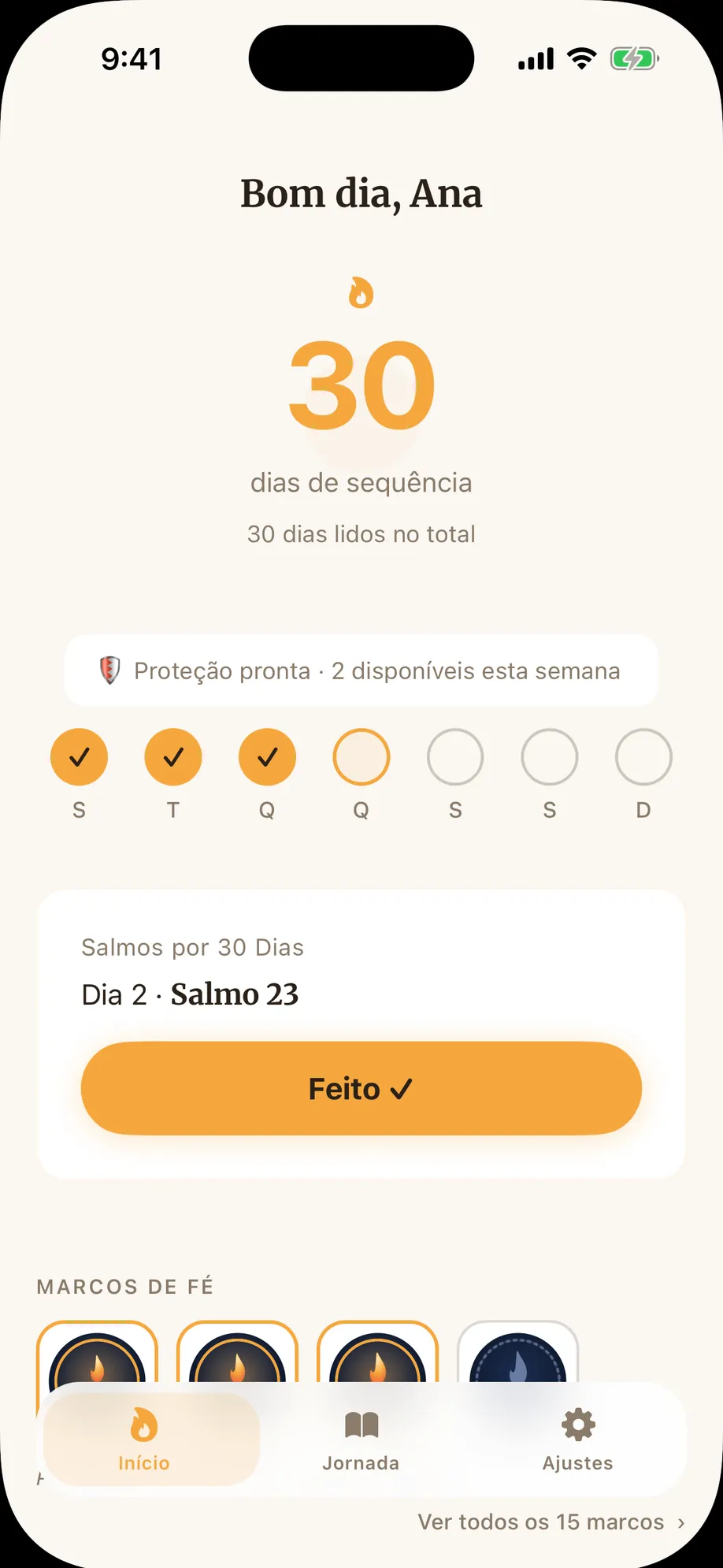 A tela inicial do Lummi mostrando a leitura bíblica de hoje e uma sequência crescendo